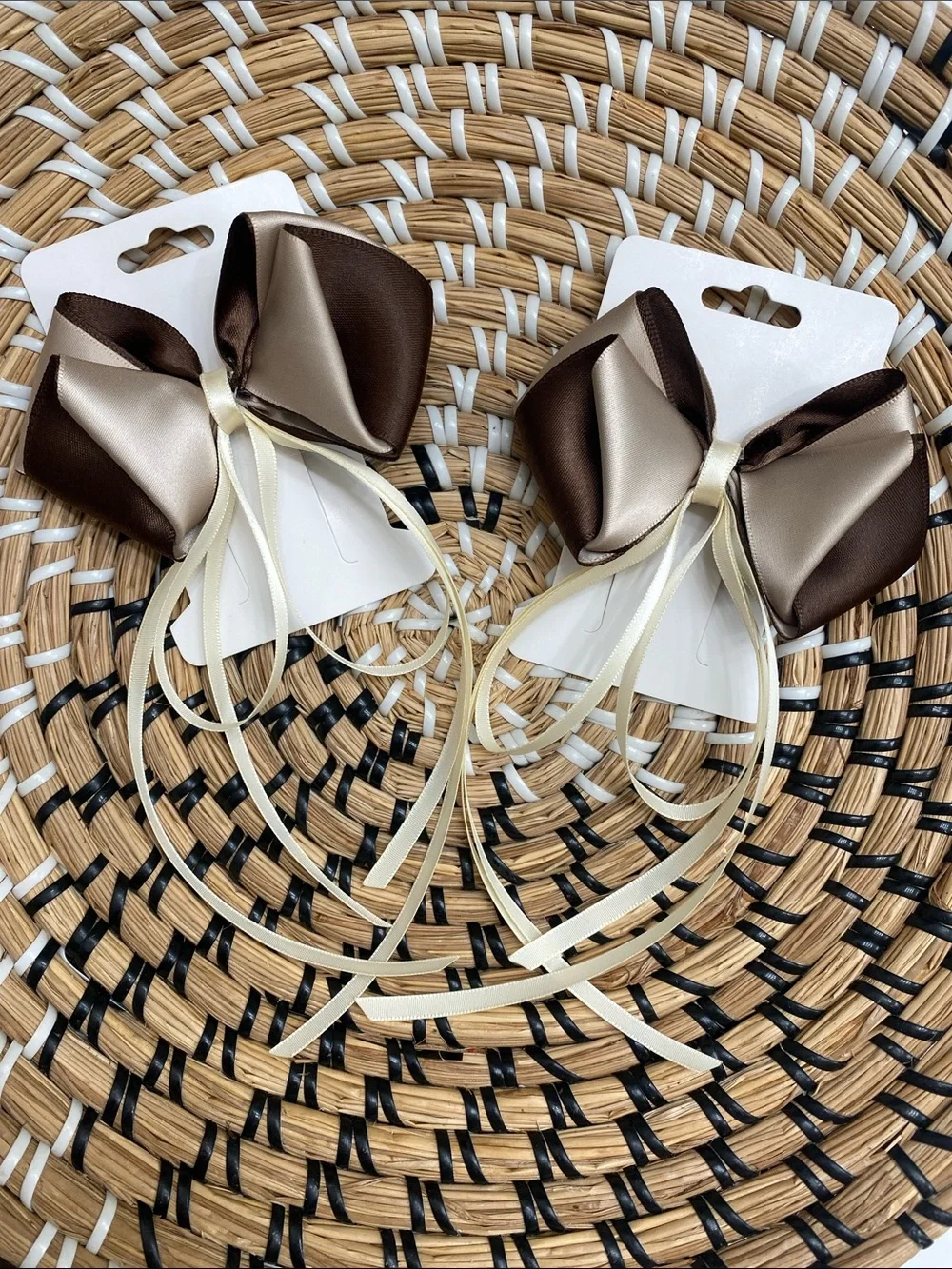 Elegant Brown and Ivory Satin Bow Hair Clips — Hand Crafted